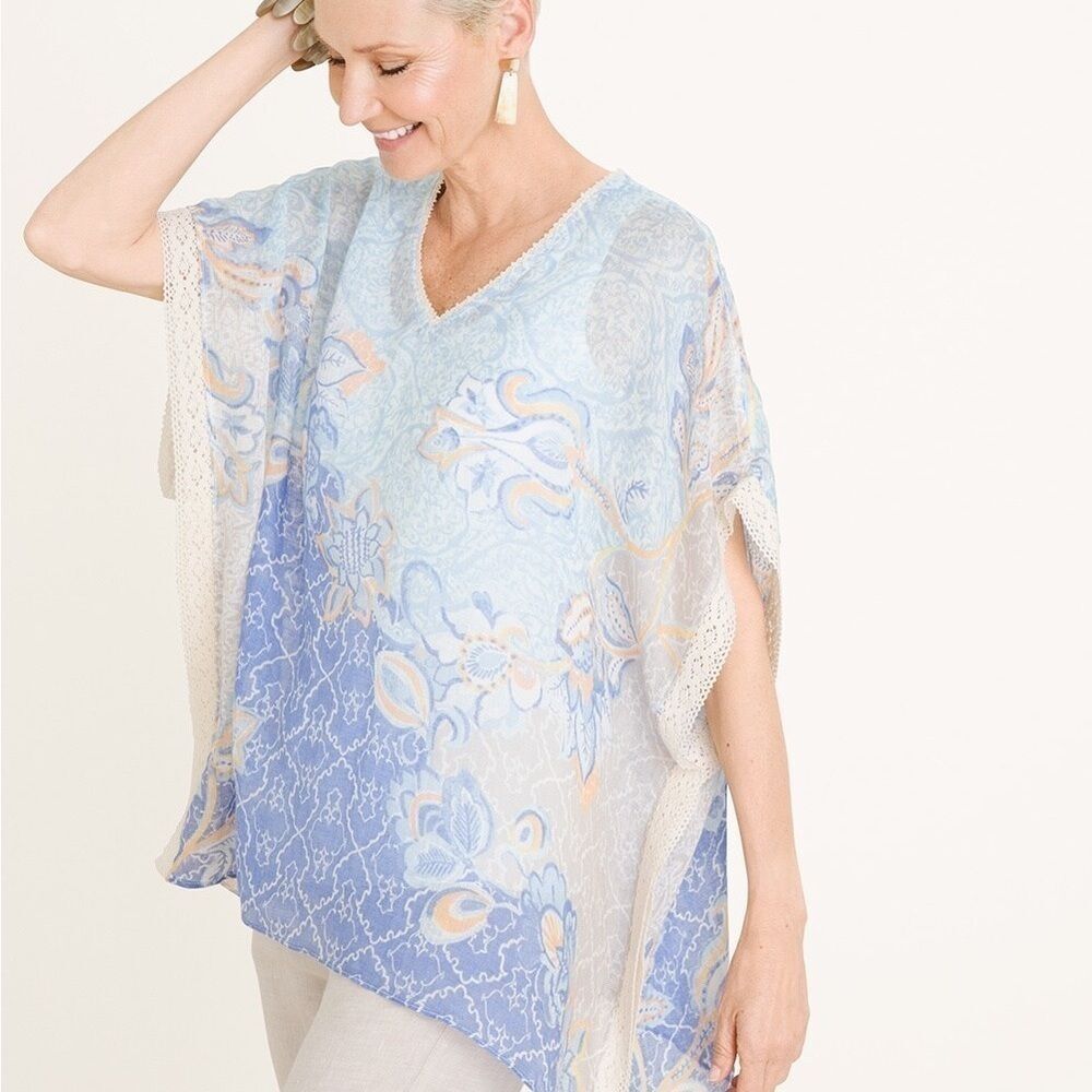 Chicos Floral linen lace trim poncho S/M